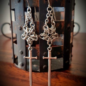 Star Shaped Chainmaille Sword Earrings - Upside Down Handcrafted Pentagram Charm - Stainless Steel Chainmail Inverted Pentacle Jewellery