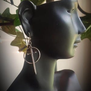 Sword And Circle Earrings - Unisex Medieval style stainless steel jewellery - Gothic fantasy knightcore accessory - Longsword charm hoops