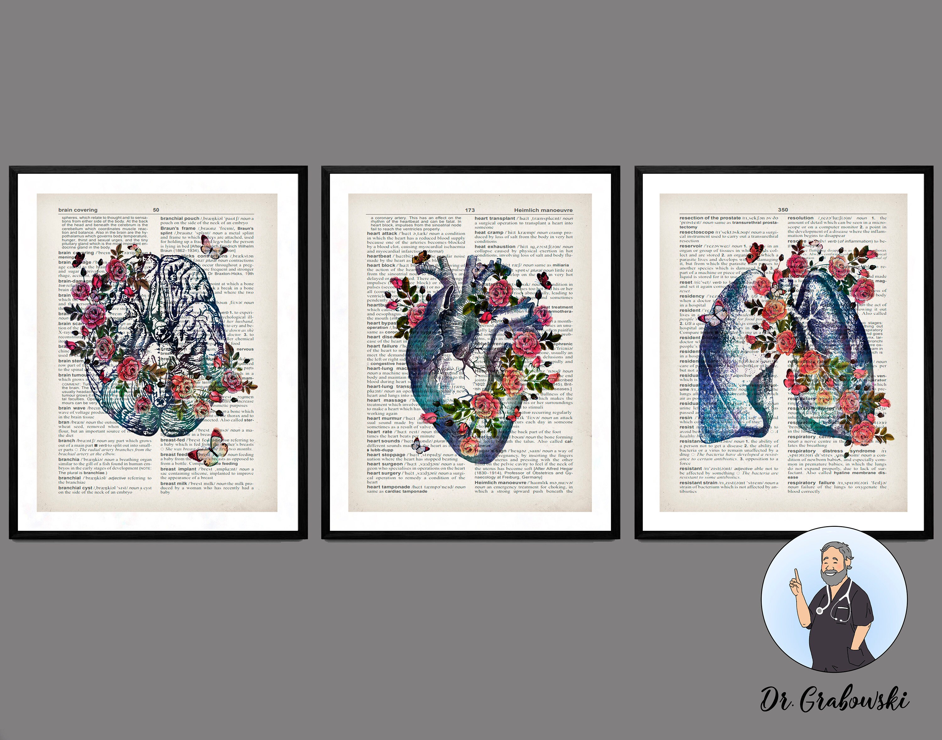 Floral Anatomy Print Set Medical Dictionary Art Print Etsy