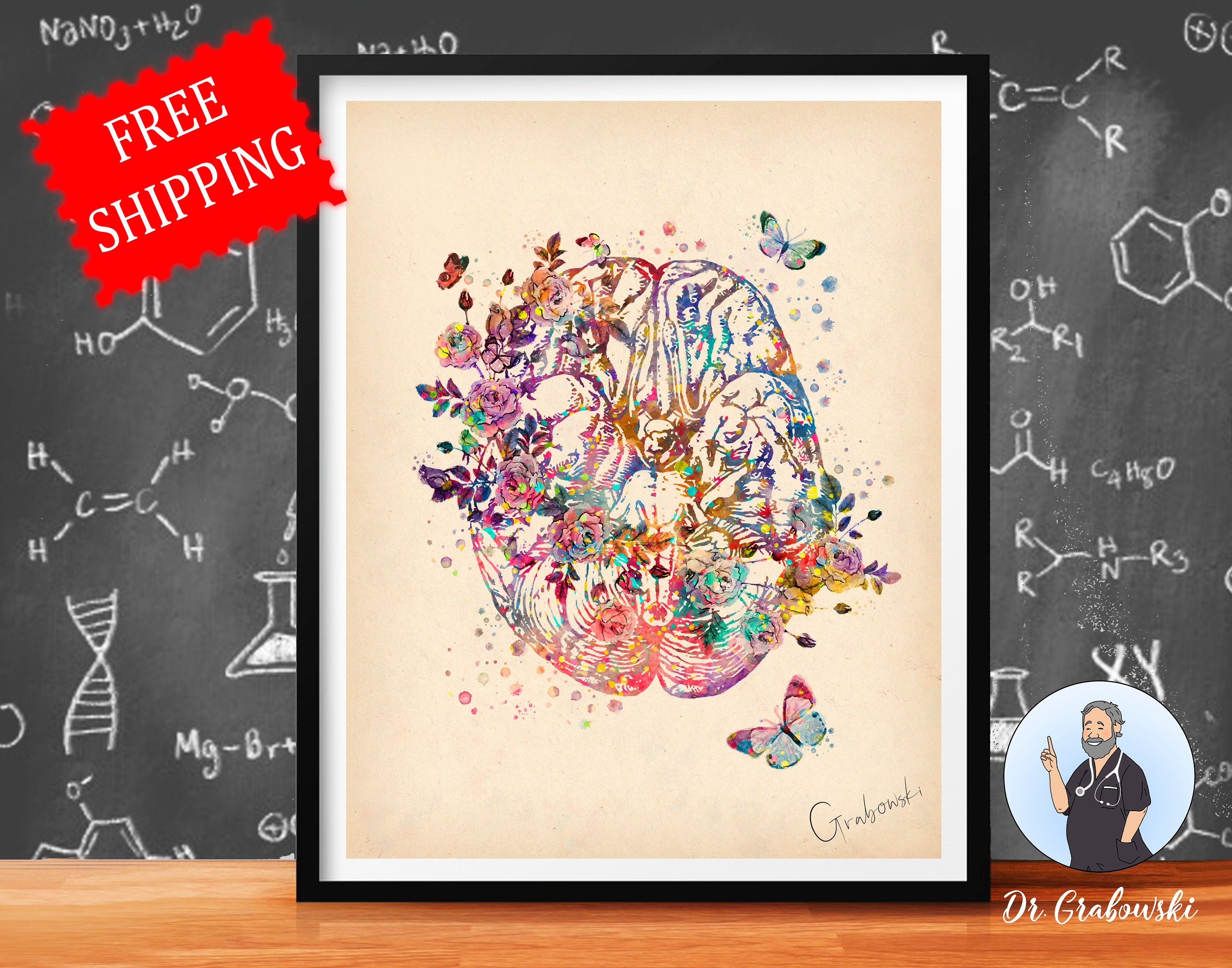 Brain with Spinal Cord Watercolor Art Print Medical Neurology Neurosurgeon Decor
