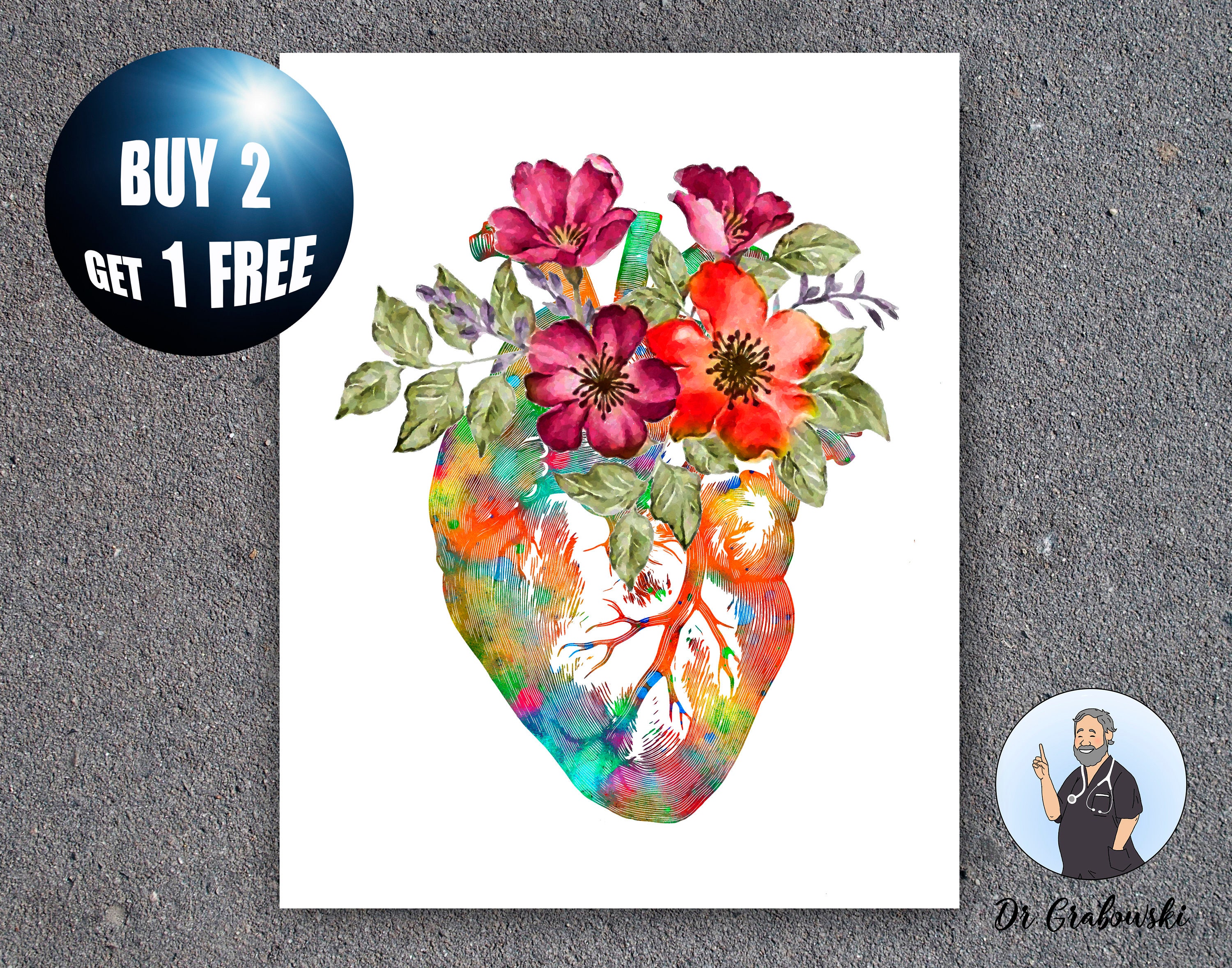 Watercolor Human Heart Print Floral Anatomy Art Cardiology | Etsy