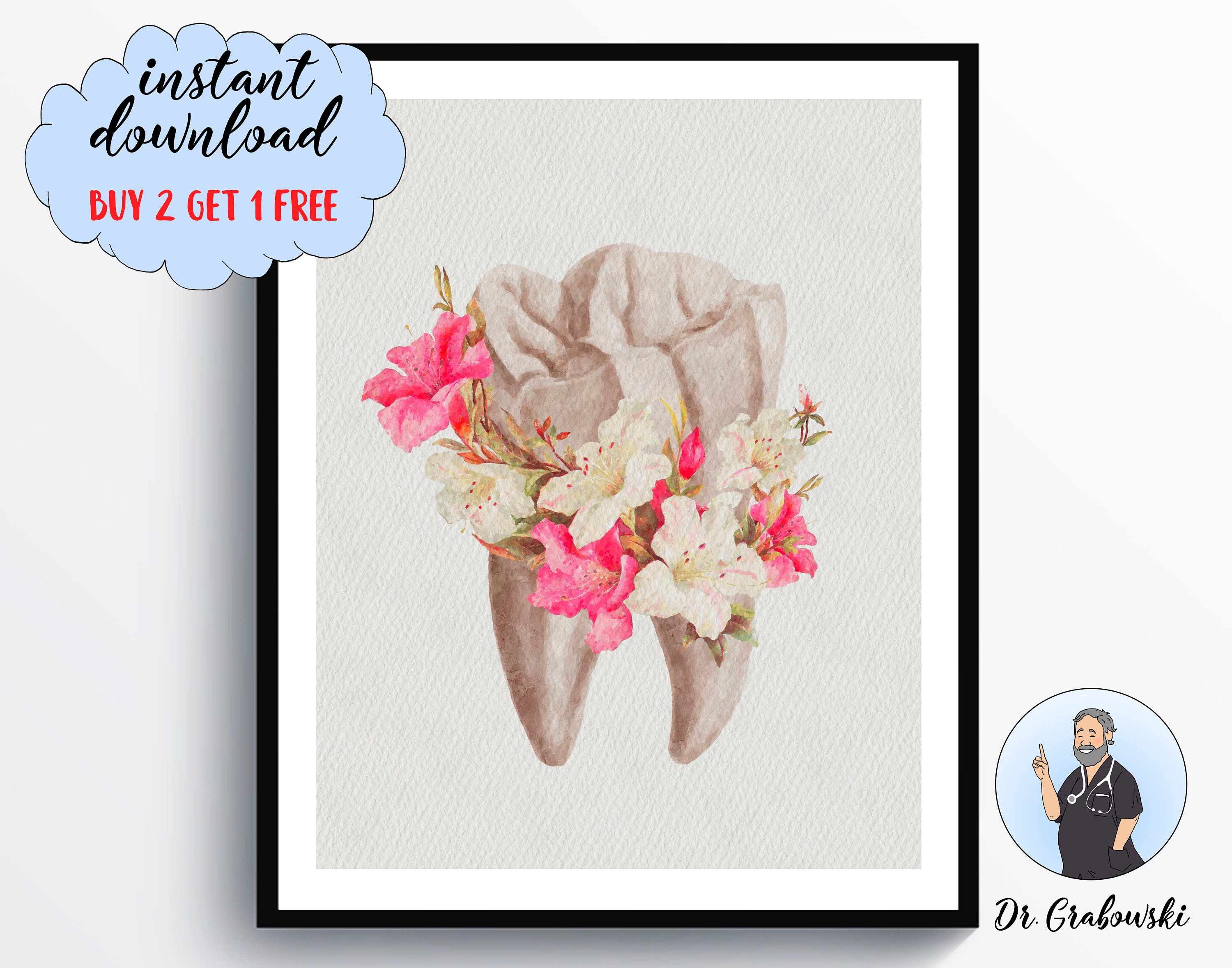 Floral Tooth Watercolor Print Dental Art Dentist Gift Clinic Etsy