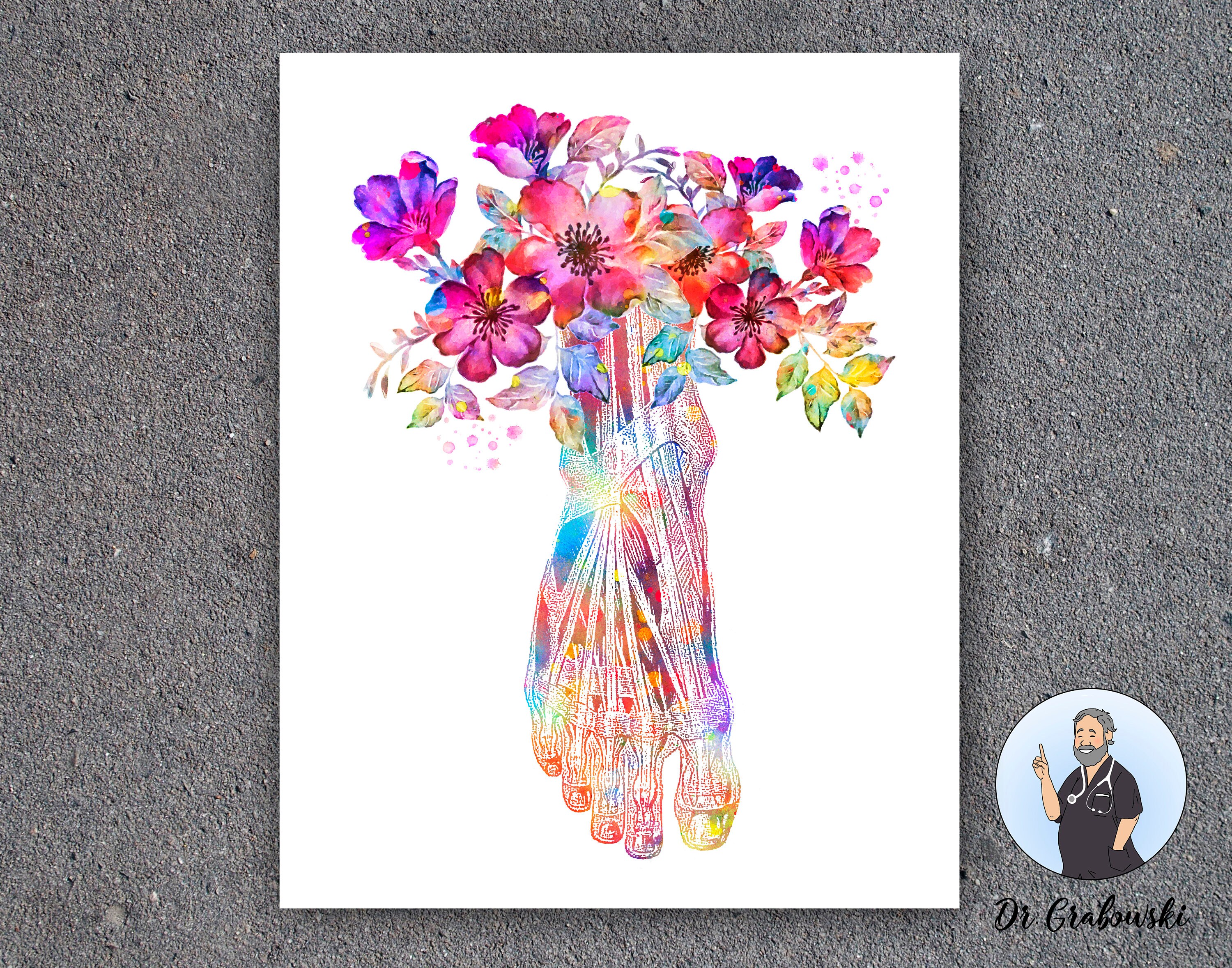 Floral Anatomical Foot Art Print Foot Bones Anatomy Print Etsy