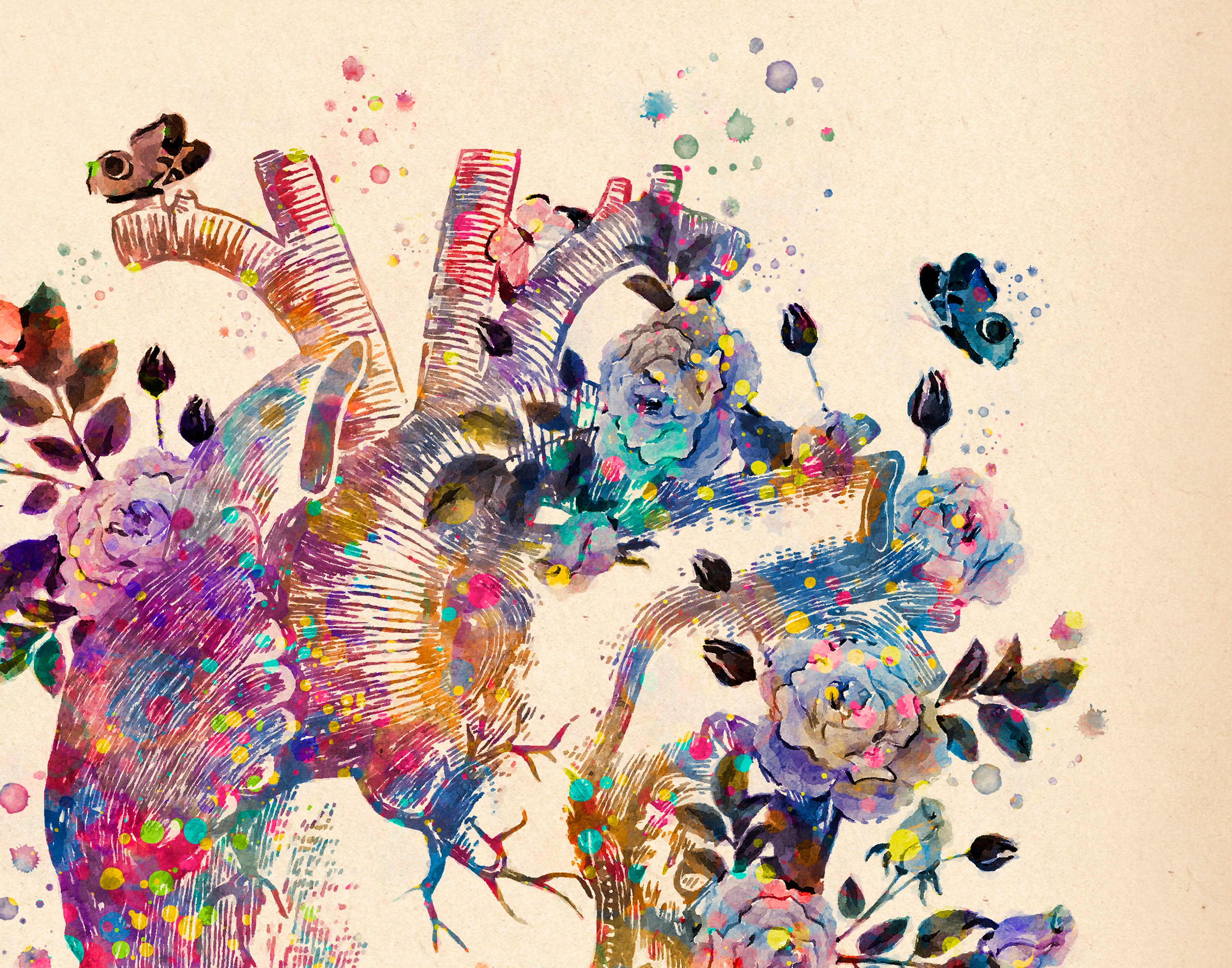 Vintage Floral Anatomy Watercolor Art Anatomical Brain Heart Etsy