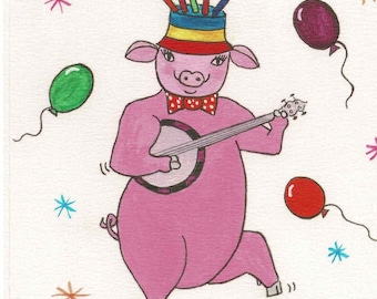 Funny Farm Animal Greetings Card-Musical Pig Playing Banjo