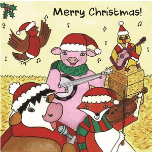 Boerderijdieren Kerstkaart Muzikale dierenband - Robin - Koe - Kuiken-Varken - Vos