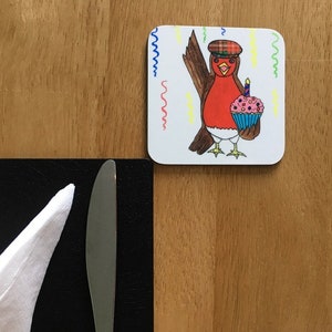 Cute Coaster -Scottish Robbie Robin with Cupcake