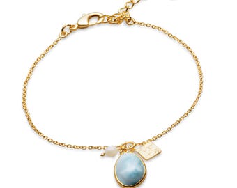Sarah Alexander Cool Tides Gemstone Charm Bracelet, 18ct Gold Plate, Larimar & Pearl