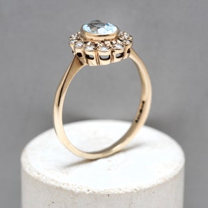 9ct Yellow Gold, Aquamarine and Diamond Ring UK Size Q