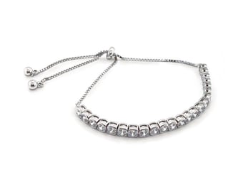 Sarah Alexander, Tennis Toggle Bracelet, Rhodium Plated Sterling Silver, Zirconia Crystal