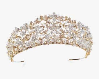 Colección nupcial de Ivory & Co - Tiara deslumbrante Phoenix Gold Crystal, chapada en oro de 14 quilates, cristales.