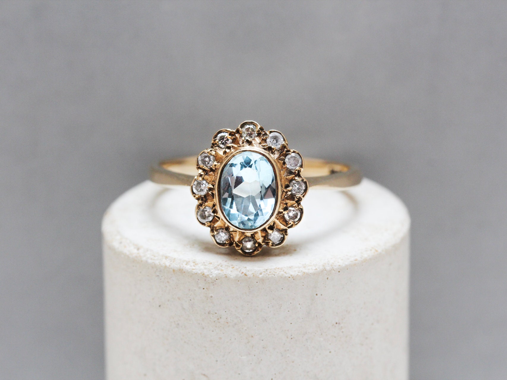 9ct Yellow Gold, Aquamarine and Diamond Ring UK Size Q