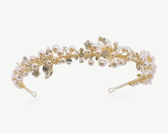 Bridal Collection by Ivory & Co - Oriana Gold Crystal and Pearl Floral Band, 14ct Gold Plated, Crystals and Faux Pearls