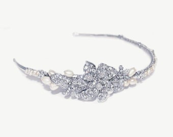 Bridal Collection by Ivory & Co - Clara Rhodium Crystal and Pearl Headpiece, Rhodium Plated, Crystal  Real Pearls