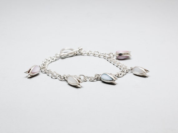 Silver Flower Bud Bracelet with Pale Blue, Pink a… - image 1
