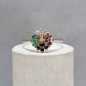 9ct Gold Multi Gemstone Cluster Ring: Sapphire, Diamond, Ruby, Emerald