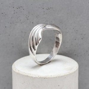 Pode incluir: Um anel de prata com um design ondulado e orgânico. O anel é feito de um metal liso e polido e tem um estilo simples e moderno.
