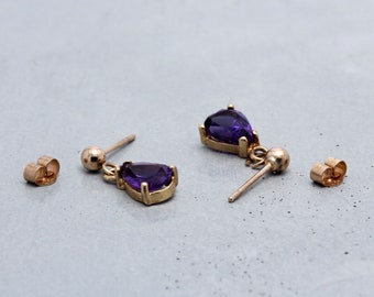 9ct Yellow gold amethyst drop post and butterfly earrings