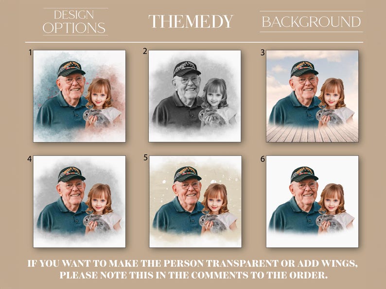 May include: Six different design options for a personalised portrait featuring a man and a child. The options include a watercolour background, a black and white sketch, a wooden background, a white background with gold glitter, a white background with a light brown watercolour background, and a white background. The text "THEMEDY" is at the top of the image.