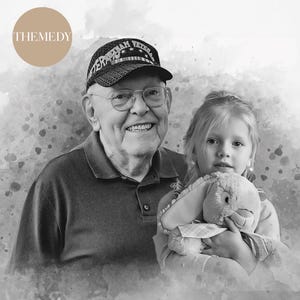 May include: A black and white photograph of an older man wearing a hat that says "American Veteran" and a young girl holding a stuffed toy. The photo has a watercolour effect.