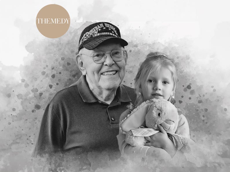 May include: A black and white photograph of an older man wearing a hat that says "American Veteran" and a young girl holding a stuffed toy. The photo has a watercolour effect.