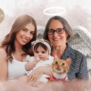 May include: A photograph featuring three generations of a family: a grandmother with angel wings, a mother holding a baby, and a cat. The grandmother is wearing a black and white striped shirt and spectacles. The mother is wearing a white vest top. The baby is wearing a white dress with a bow. The cat is orange and white and wearing a red and white collar. The background is a soft pink and white watercolour effect.
