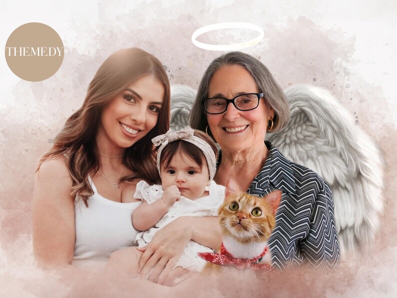 May include: A photograph featuring three generations of a family: a grandmother with angel wings, a mother holding a baby, and a cat. The grandmother is wearing a black and white striped shirt and spectacles. The mother is wearing a white vest top. The baby is wearing a white dress with a bow. The cat is orange and white and wearing a red and white collar. The background is a soft pink and white watercolour effect.