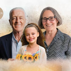 May include: A portrait of a family with two older adults and a young girl. The girl is holding a bouquet of yellow sunflowers. The adults are smiling and looking at the camera.
