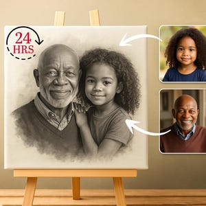 Può includere: Una stampa su tela di un ritratto a matita di un nonno e sua nipote, esposta su un cavalletto di legno. La tela presenta una grafica circolare con la scritta "24 HRS". Sono allegate due foto più piccole.