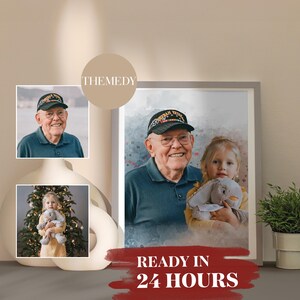 May include: A framed watercolour painting of a man and a young girl. The man is wearing a blue shirt and a hat with a red, white and blue design. The girl is wearing a yellow shirt and holding a stuffed animal. The painting has a white background and the text "READY IN 24 HOURS" is written in red at the bottom.