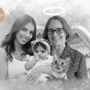May include: A black and white photograph of three generations of a family. A woman with long hair holds a baby girl in her arms. The baby is wearing a white dress and a headband with a bow. An older woman with short hair and glasses is holding a cat. The older woman is wearing a striped shirt and has angel wings behind her. The photo has a soft, watercolour-like background.