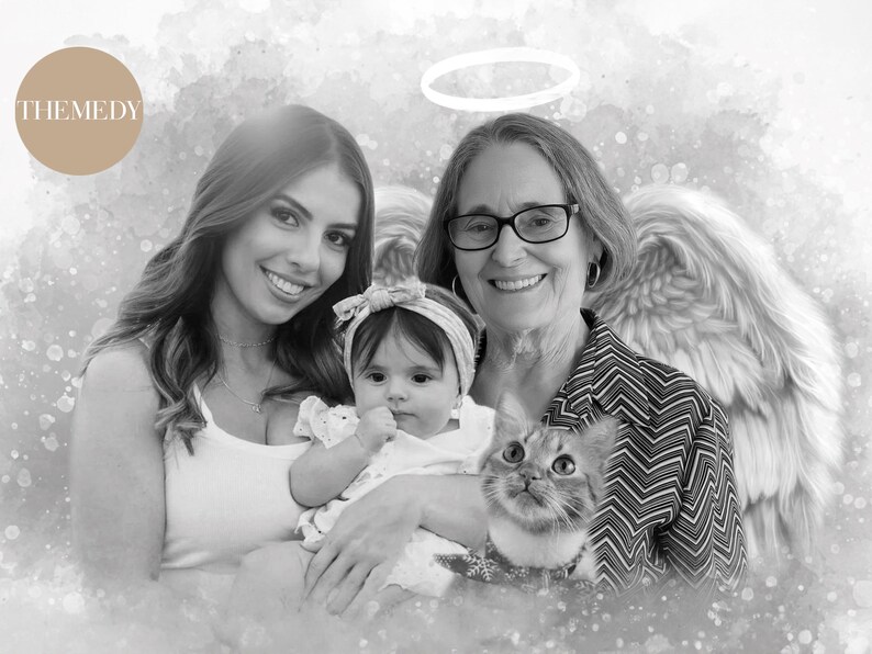 May include: A black and white photograph of three generations of a family. A woman with long hair holds a baby girl in her arms. The baby is wearing a white dress and a headband with a bow. An older woman with short hair and glasses is holding a cat. The older woman is wearing a striped shirt and has angel wings behind her. The photo has a soft, watercolour-like background.