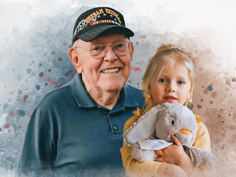 May include: A smiling older man wearing a blue shirt and a black cap with the text "Vietnam Veteran" is holding a young girl. The girl is holding a grey stuffed bunny and wearing a yellow shirt.