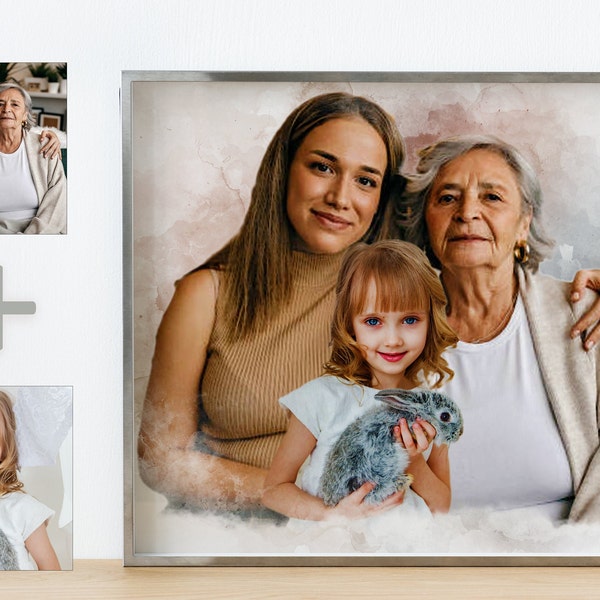 Fusion réaliste de différentes photos, ajout d'un être cher décédé à la photo, ajout d'une personne à la photo, portrait de famille à partir de photos, portrait commémoratif