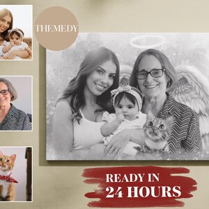 May include: A black and white portrait painting of three people, a woman, a girl, and a woman holding a cat. The woman in the centre is holding the girl in her arms. The woman on the right is holding the cat. The painting has a halo above the woman in the centre. The painting is on a canvas with a white background. The text "READY IN 24 HOURS" is written in red on a white background.