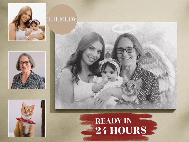 May include: A black and white portrait painting of three people, a woman, a girl, and a woman holding a cat. The woman in the centre is holding the girl in her arms. The woman on the right is holding the cat. The painting has a halo above the woman in the centre. The painting is on a canvas with a white background. The text "READY IN 24 HOURS" is written in red on a white background.
