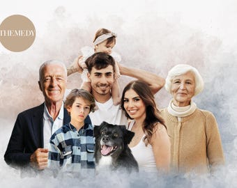 May include: A multi-generational family portrait featuring a grandfather, father, mother, son, daughter, and a black dog. The family are smiling and standing together in front of a light grey background with a watercolour effect.