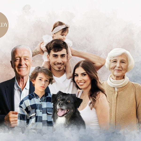 Realistic merge of different photos, Add deceased loved one to photo, Add someone to photo, Family portrait from photos, Memorial portrait