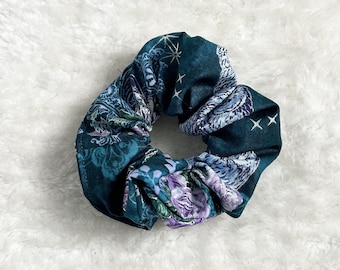 Peacock blue scrunchie with owls, floral patterns, moons and butterflies