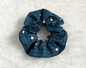 Mineral blue checkered scrunchie with pale pink polka dots