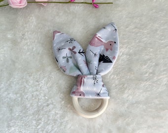 Teething ring - Rabbit ears rattle - Forest animals (pink fox and hedgehog)
