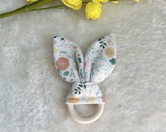 Teething ring - Rabbit ears rattle - Green, yellow and salmon floral patterns