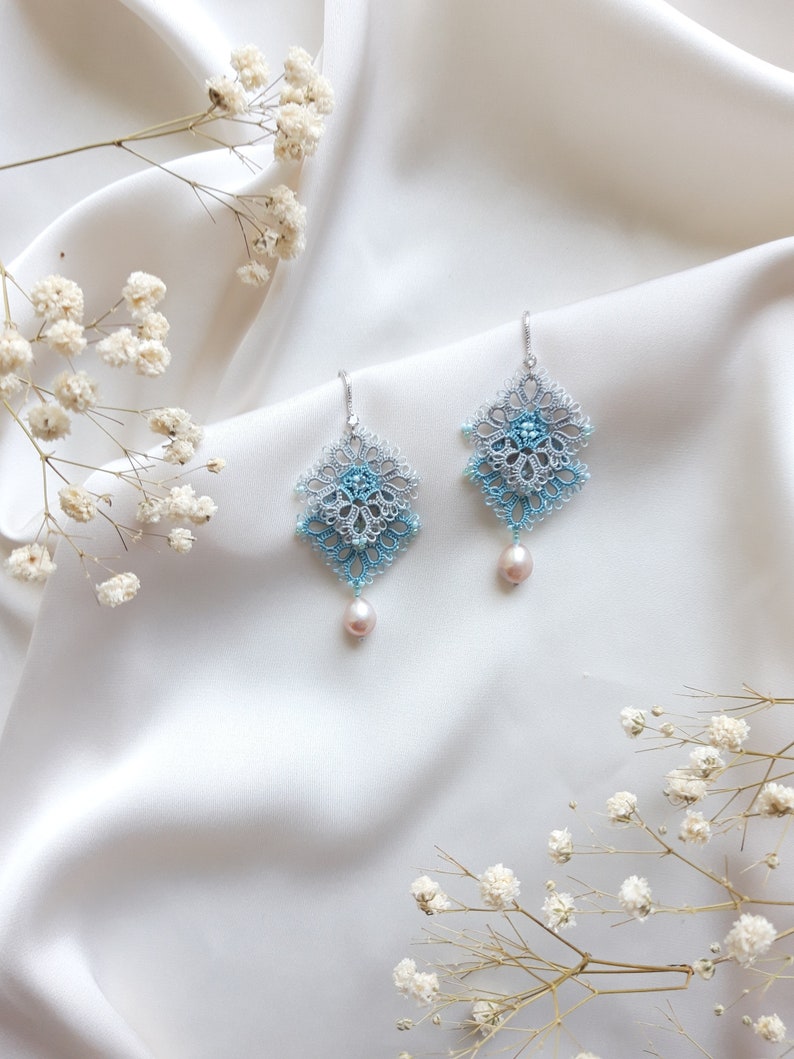 Beaded earrings. Blue delicate earrings Long tatting lace earrings with natural pearls
