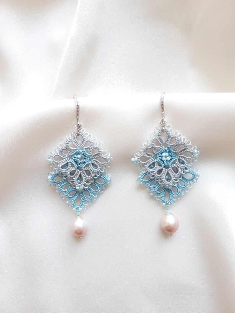 Beaded earrings. Blue delicate earrings Long tatting lace earrings with natural pearls