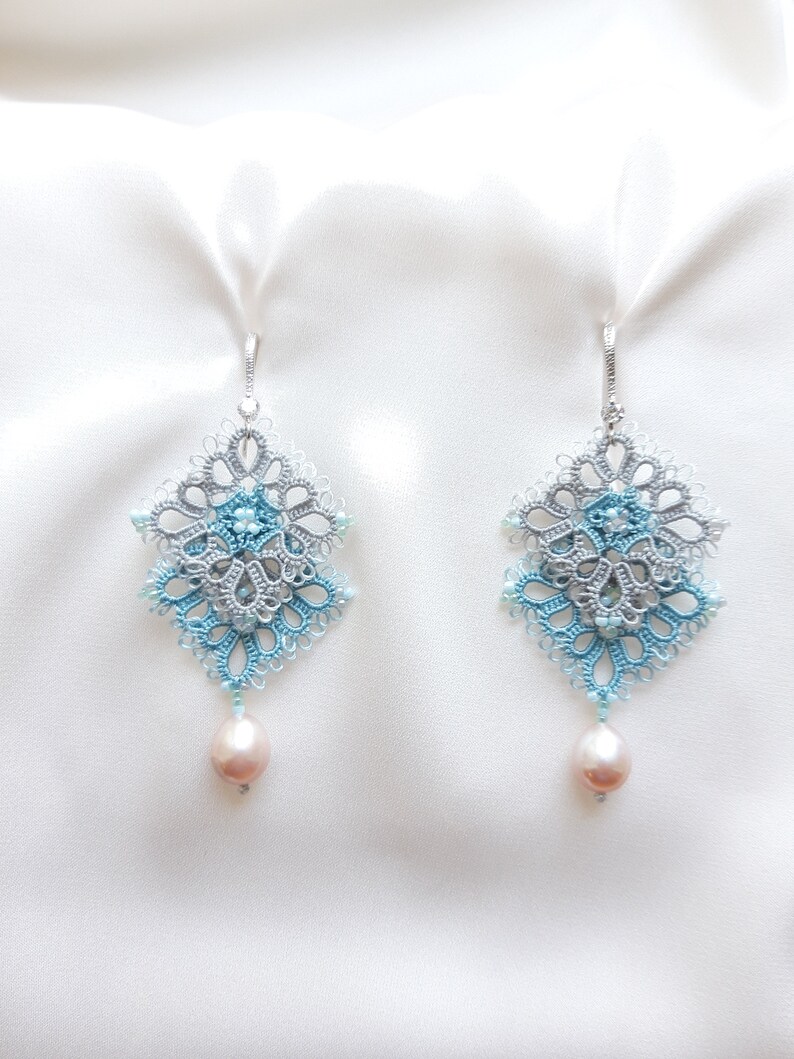 Beaded earrings. Blue delicate earrings Long tatting lace earrings with natural pearls