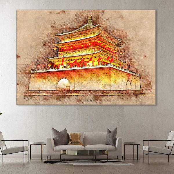 Xi'an Bell Tower Canvas, Bell Tower Wall Decor,  Xi'an Print, Bell Tower Vintage Style, China Canvas Art