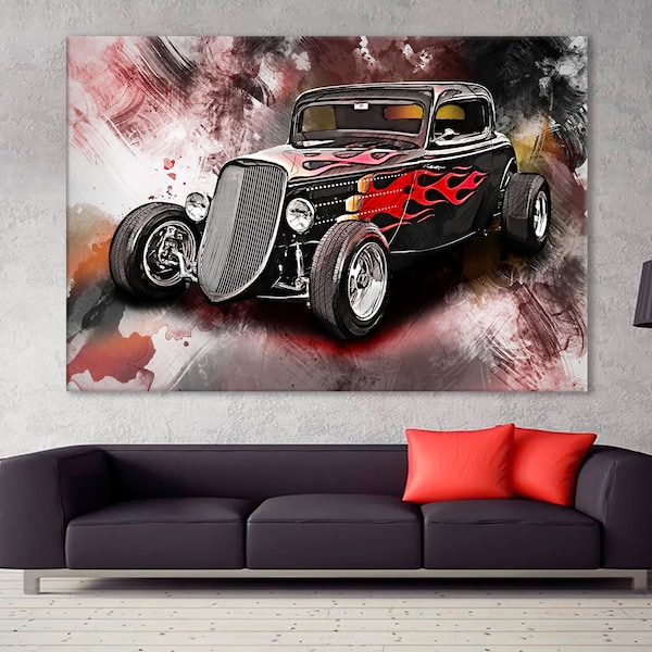 Hot Rod Print, Hot Rod Canvas, Hot Rod Poster, Vintage Car Wall Art, Toile Multi Tailles Enveloppée, Toile sur Cadre en Bois