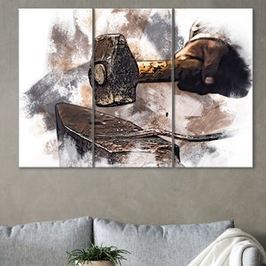 Blacksmith Canvas, Blacksmithing Wall Decor, Bladesmith Artwork, Anvil Gift, Blacksmith at Work Print, Blacksmith Workshop Wall Decor, Anvil