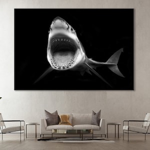 Arte em tela de tubarão, impressão de predador, decoração de parede de tubarão, impressão de vida marinha, arte da vida oceânica, tela subaquática, impressão de tubarão