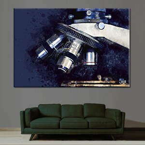 May include: A close-up of a silver microscope with a blue and white watercolor background. The microscope has a large lens and a smaller lens on the side. The image is a digital painting.